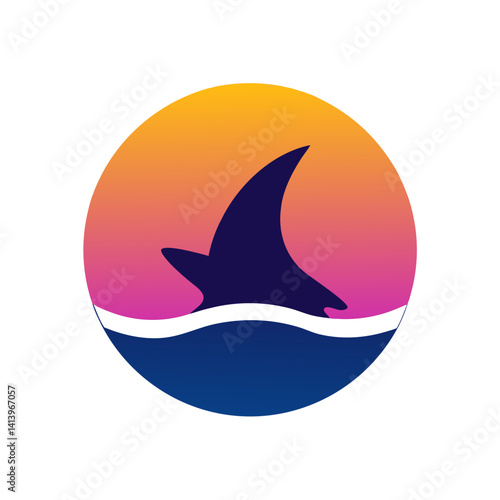 Silhouette of Shark Fin in Water with Gradient Sunset