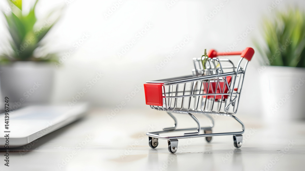 A miniature shopping cart placed on a bright white surface A miniature shopping cart placed on a bright white surface