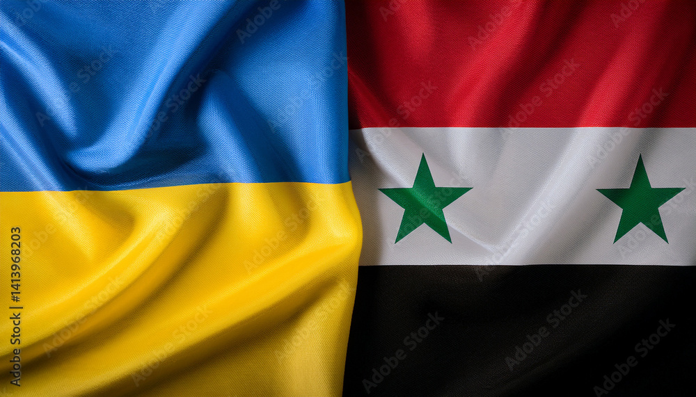 Fototapeta premium シリアの国旗とウクライナの国旗。(Syrian Arab Republic flag and Ukraine flag.) 