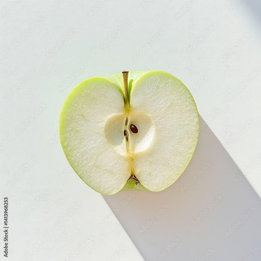 Fresh Half Cut Green Apple with Seeds on a Textured White Surface in Natural Light