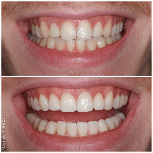 Young man before and after gingivoplasty procedure, closeup. Banner design