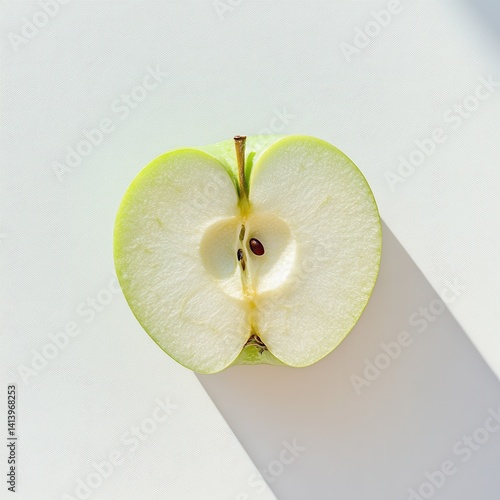 Obraz na płótnie Fresh Half Cut Green Apple with Seeds on a Textured White Surface in Natural Light w salonie