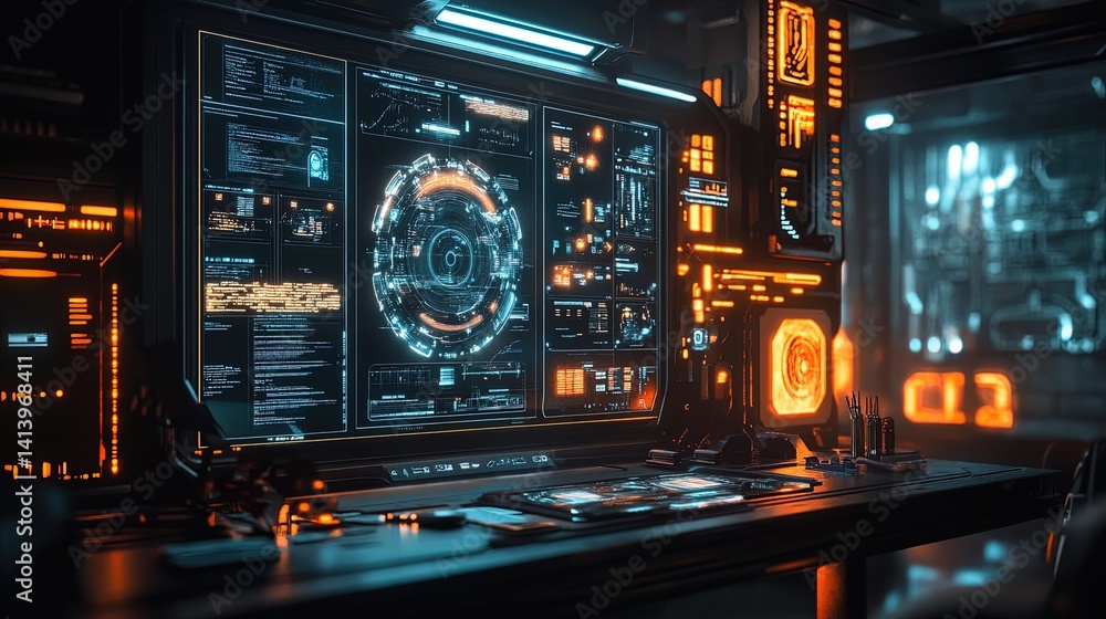 A futuristic workspace with 3D holographic elements and design software interfaces displayed on a floating screen