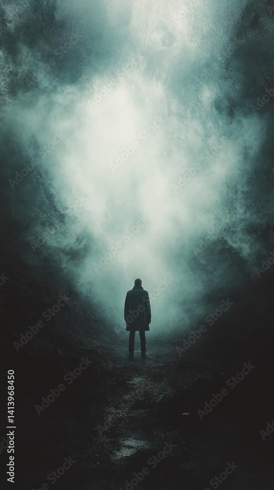 Fototapeta premium Silhouette figure in mist-shrouded mountain path, dramatic sky