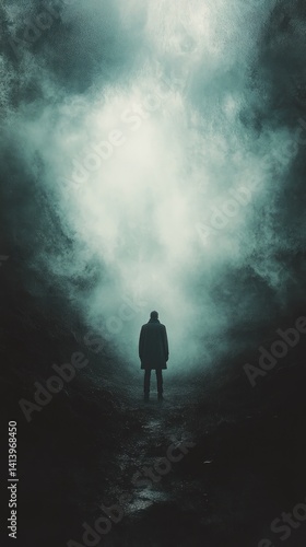 Silhouette figure in mist-shrouded mountain path, dramatic sky