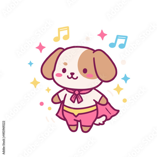 Cartoon dog in a superhero cape dancing joyfully with music notes  