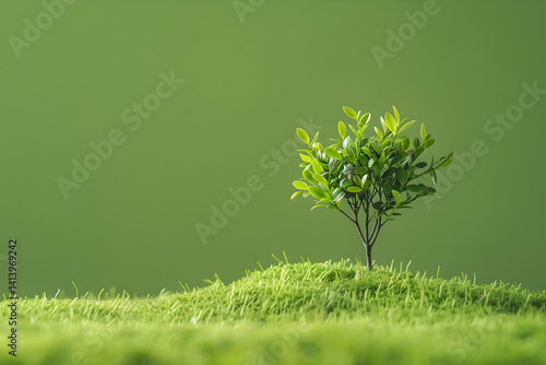 A small vibrant green tree growing on a bed of soft moss