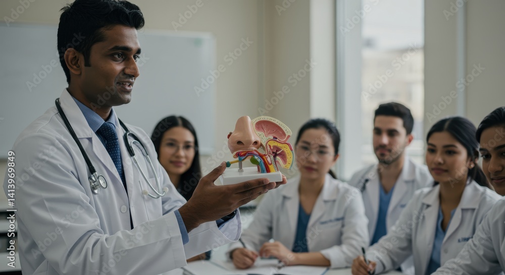 Fototapeta premium A medical professional explains anatomy using a model while students attentively observe in a classroom setting.