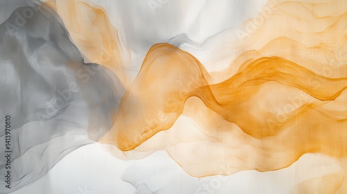 Elegant Abstract Art: Translucent Amber and Gray Strokes on Textured White Canvas