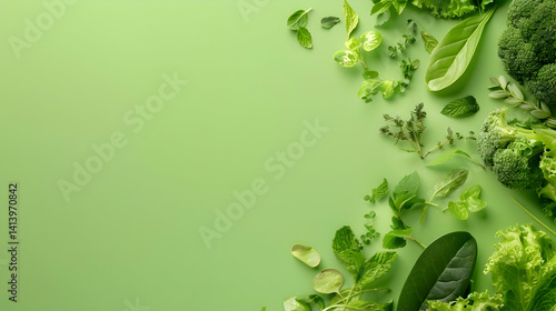 Fresh green herbs and vegetables arranged on a pastel green background