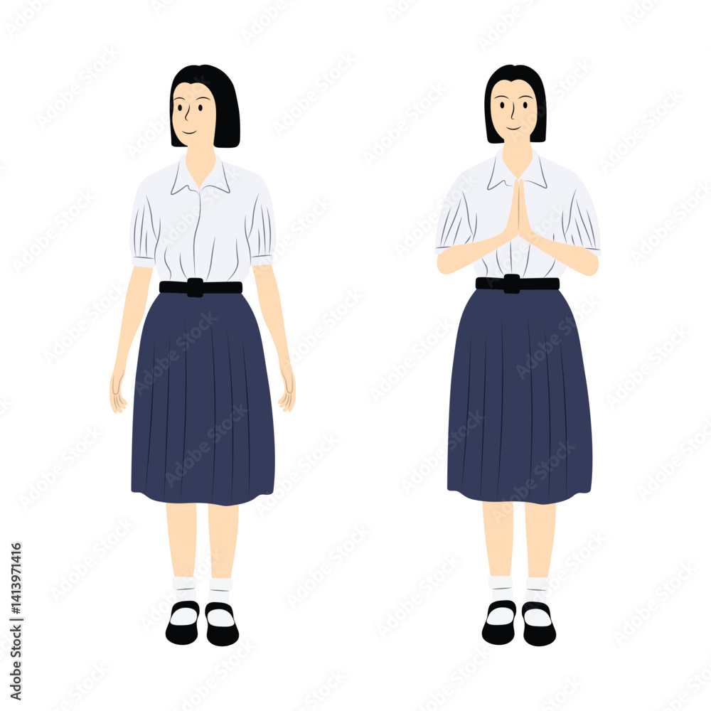 Vector Illustration of Thai Students in High School Uniform Standing and Greeting with Wai Gesture. Vector Illustration of Thai Students in High School Uniform Standing and Greeting with Wai Gesture.