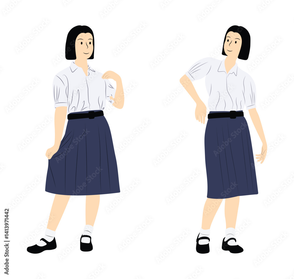 Thai High School Students Standing in Different Poses � Vector Illustration. Thai High School Students Standing in Different Poses � Vector Illustration.