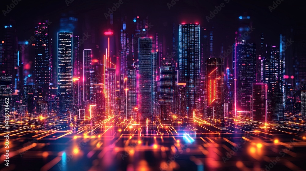 A futuristic cityscape designc with neon lights and digital patterns, perfect for technology-related projects A futuristic cityscape designc with neon lights and digital patterns, perfect for technology-related projects