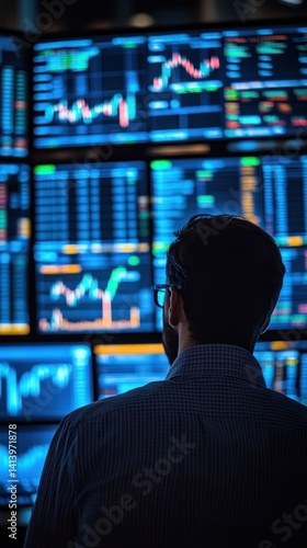 Analyst monitoring multiple screens with financial data in a trading room
