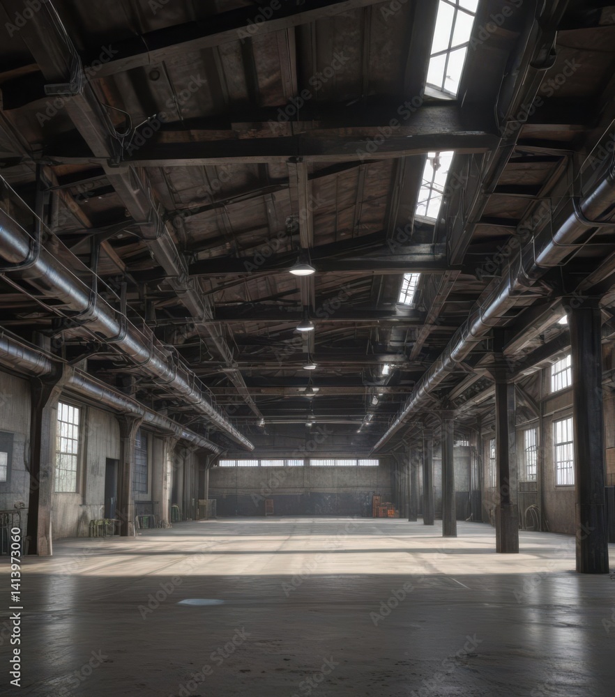 Naklejka premium Raw industrial space Exposed beams and ductwork, high ceiling , architecture, airy