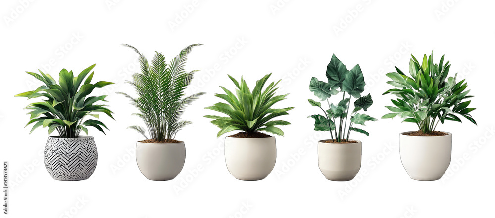 Fototapeta premium five decorative potted plants arranged in a row showcasing various green foliage styles and textures ideal for enhancing indoor aesthetics and promoting a calming environment