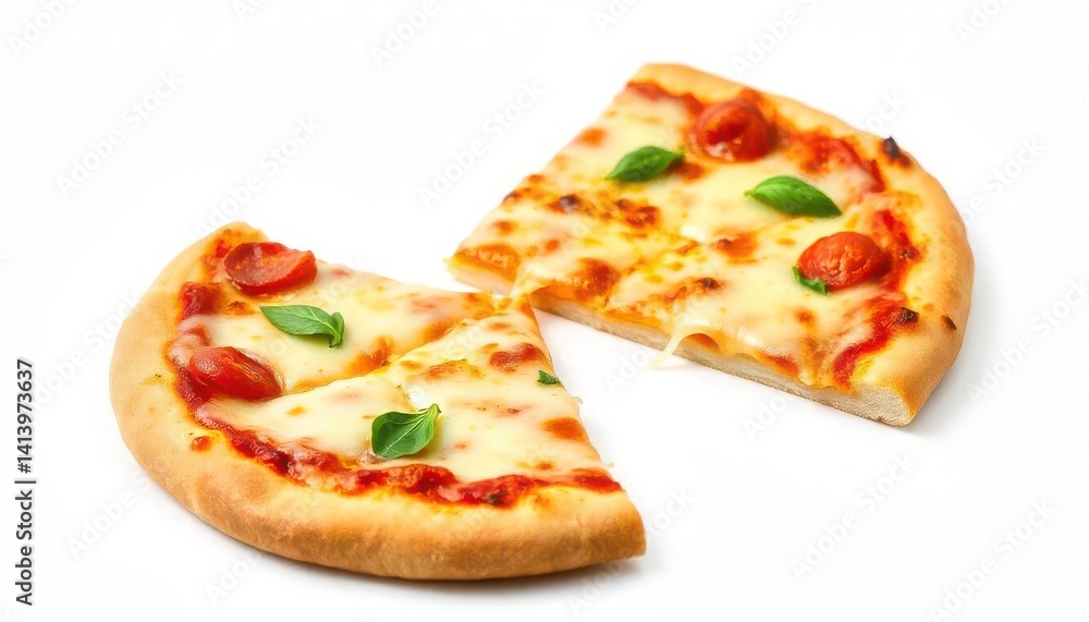 Two Slices Of Delicious Margarita Pizza With Cherry Tomatoes And Basil Isolated Two Slices Of Delicious Margarita Pizza With Cherry Tomatoes And Basil Isolated