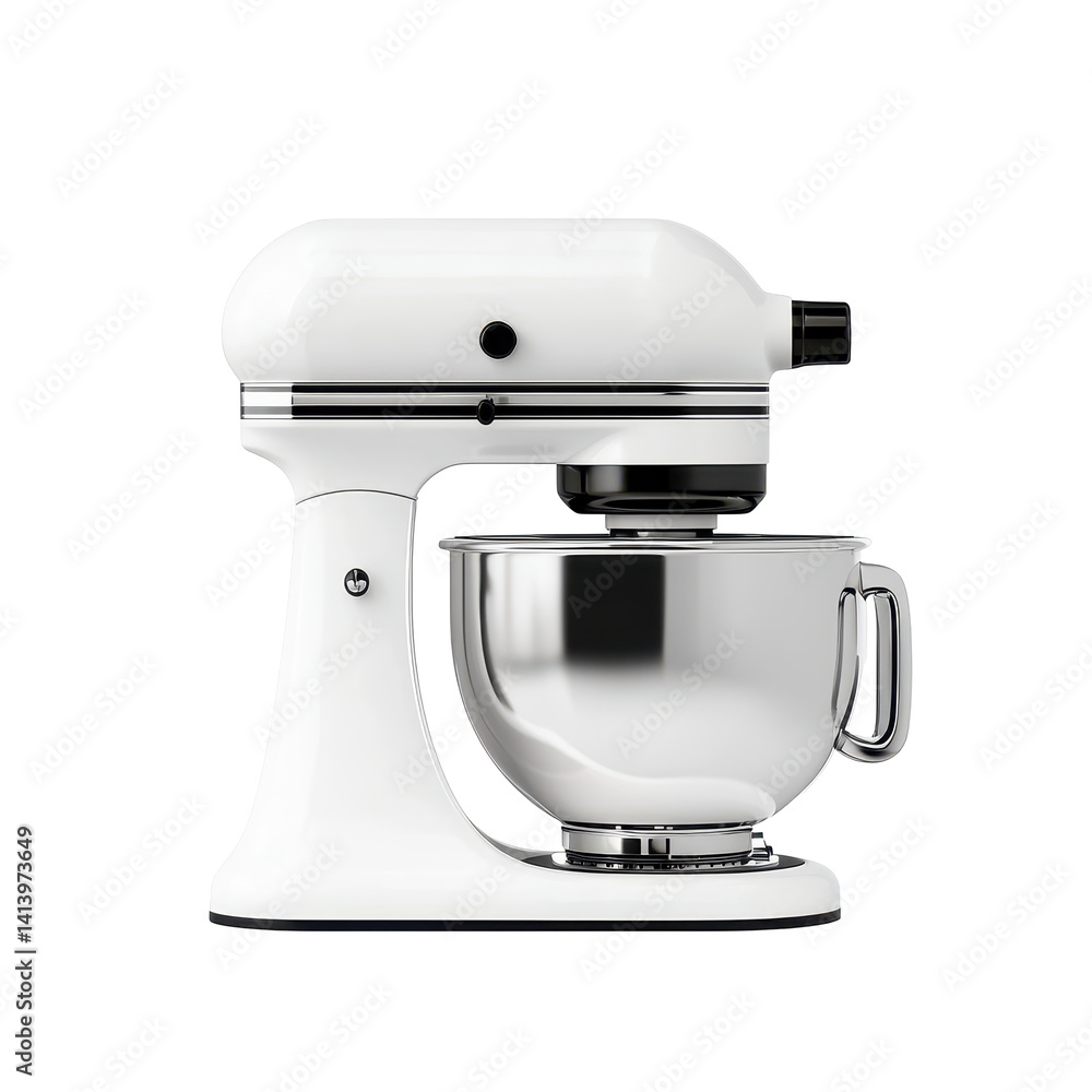Modern white stand mixer with stainless steel mixing bowl and black control knob suitable for baking and kitchen culinary appliances on transparent background Modern white stand mixer with stainless steel mixing bowl and black control knob suitable for baking and kitchen culinary appliances on transparent background