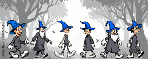 A set of six cartoon wizard characters