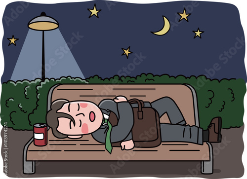 飲みすぎて公園のベンチで寝てしまった酔っ払いサラリーマンのイラスト