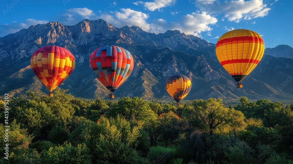 Obraz premium Colorful hot air balloons soar over mountainous landscape.
