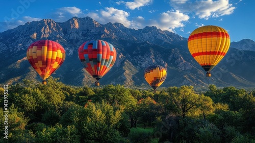 Colorful hot air balloons soar over mountainous landscape.