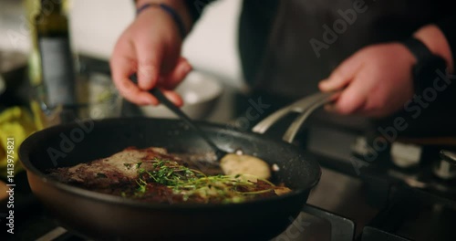 Recipe, hands and meat in frying pan in kitchen for cooking dinner, meal preparation and sear beef cuisine. Chef, person and steak with herbs for healthy ingredients, nutrition and lunch food in home