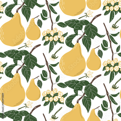 Seamless Pattern with Yellow Pears and Green Leaves on White Background. Vivid repeating pattern featuring yellow pears and green leafy branches, ideal for fabric design, wallpapers, and creative 