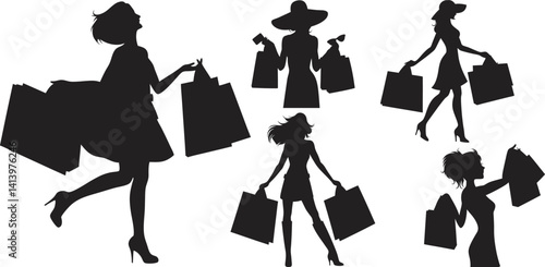 Shopping Girl Silhouette Set – Fashion Woman Bags Icon Collection