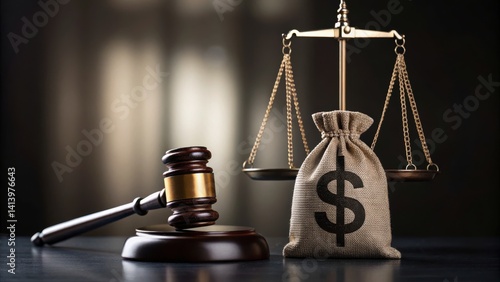 A gavel and scales of justice beside a money bag symbolize legal proceedings and financial matters.