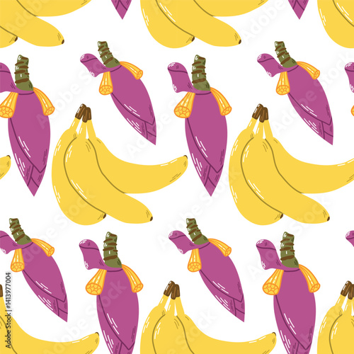 Colorful Seamless Pattern Featuring Bananas and Banana Flowers on White Background. Vivid illustration showcasing yellow bananas and purple banana flowers arranged in a seamless pattern