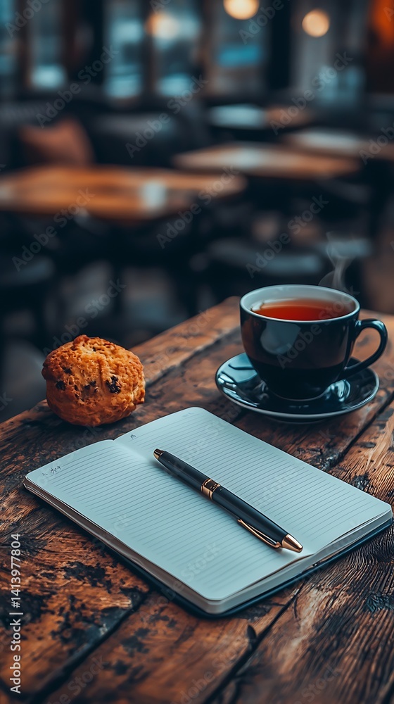 Cozy cafe scene, tea, muffin, notebook, and pen on a rustic wooden table Cozy cafe scene, tea, muffin, notebook, and pen on a rustic wooden table