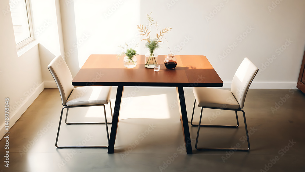 Modern Dining Table and Chairs in Scandinavian Interior with Minimalist Decor and Natural Light Modern Dining Table and Chairs in Scandinavian Interior with Minimalist Decor and Natural Light