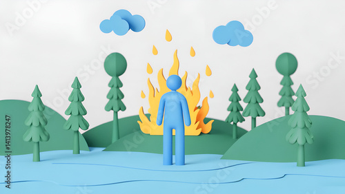 Eco-anxiety environmental stress A paper art scene depicting a blue figure standing near a fire in a green landscape.