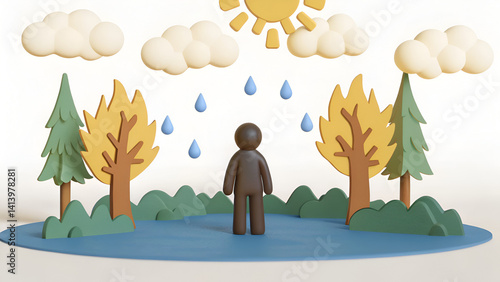 Eco-anxiety environmental stress A figure stands in a whimsical landscape featuring clouds, rain, trees, and a sunny sky.