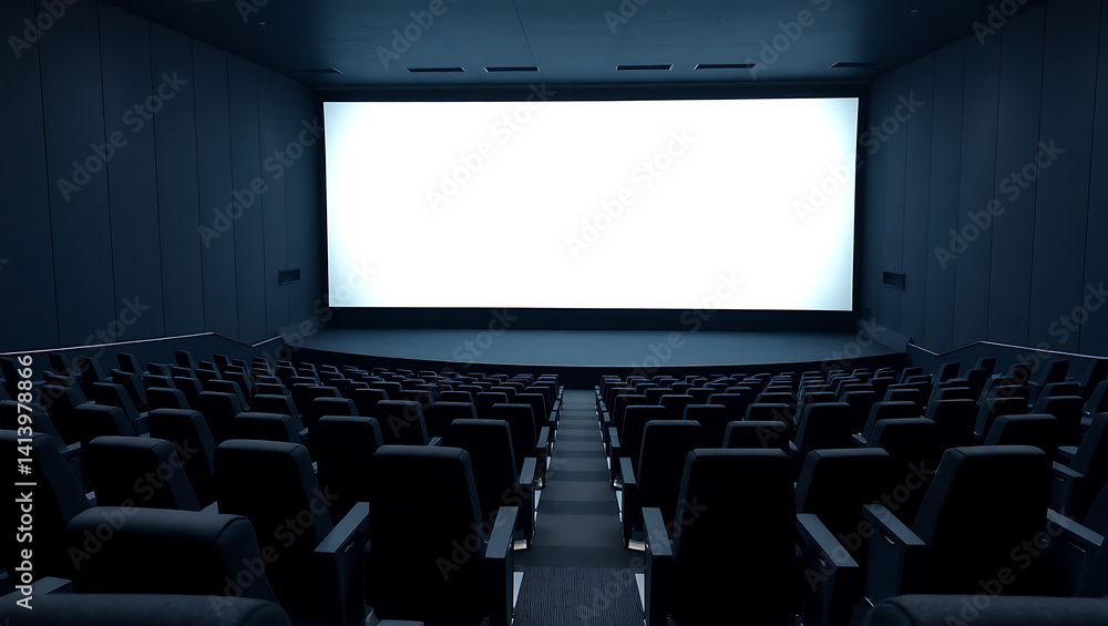 Fototapeta premium Modern Cinema Theater with Empty Seats and Large Screen - Perfect for a Night Out Movie Premiere Experience