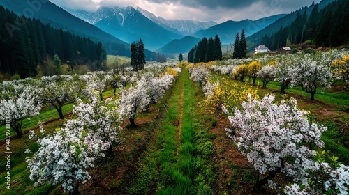 Fototapeta Naklejka Na Ścianę i Meble -  Blossoming apple orchards in Poland's countryside with mountain views