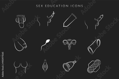 Sex Education Icons Set – Male and Female Anatomy, Contraceptives, and Reproductive Health Symbols.