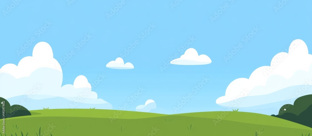 Fototapeta premium Green grass blue sky white clouds background vector design template with light blue theme, natural landscape concept