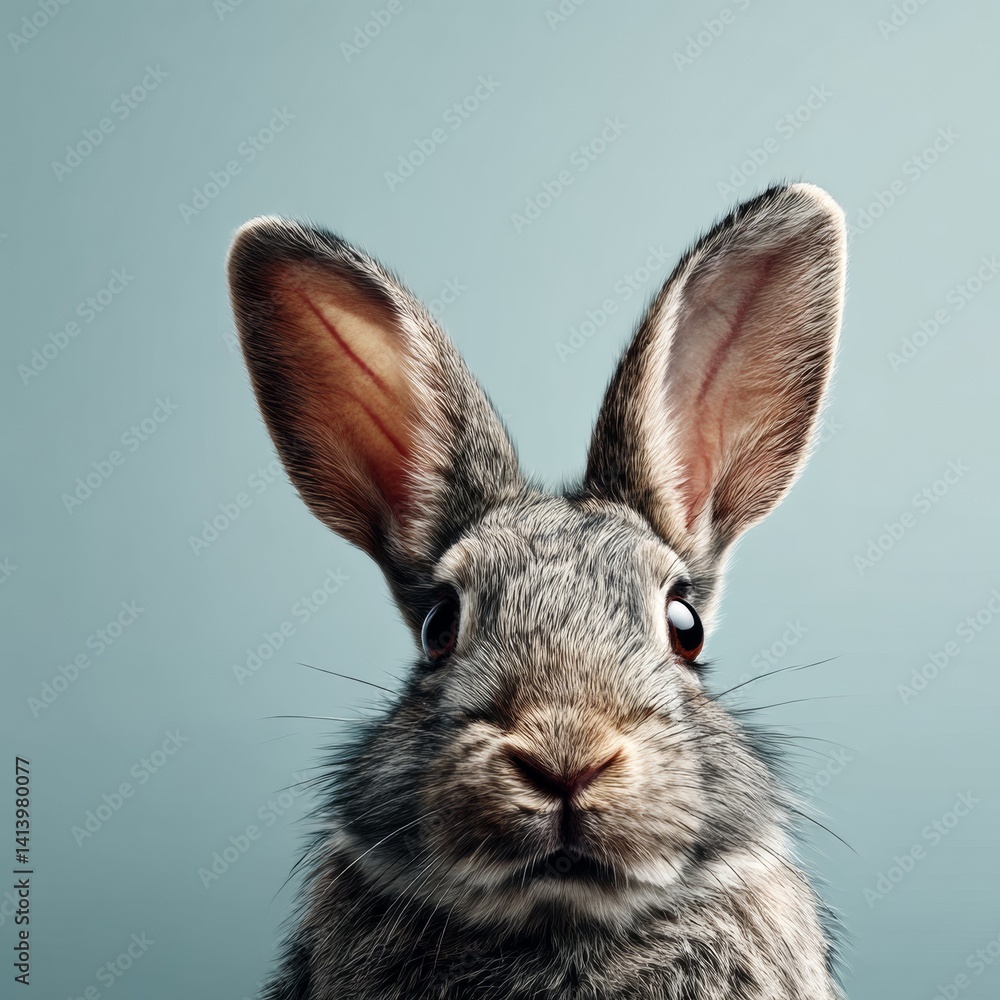 Obraz premium Cute grey rabbit ears on light blue background, space for text