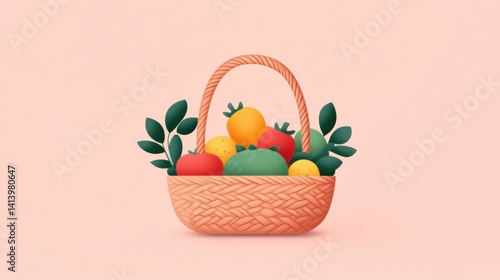 Food Rescue and Recycling. Pastel Illustration of a Wicker Basket Filled with Colorful Tomatoes, Oranges and Lemons