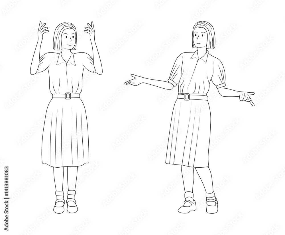 Outline Vector Illustration of Thai Students Using Body Language While Giving a Presentation in High School Uniform. Outline Vector Illustration of Thai Students Using Body Language While Giving a Presentation in High School Uniform.
