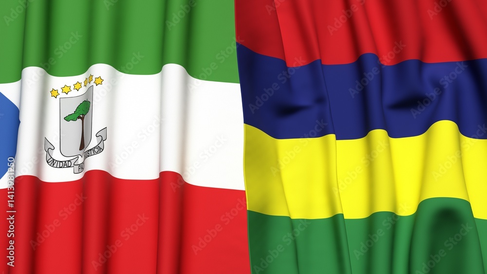 Fototapeta premium Flags of EQUATORIAL GUINEA and MAURITIUS with realistic cloth texture