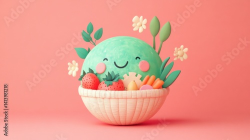 Food Rescue and Recycling. Smiling Green Character in Basket with Fruit and Flowers