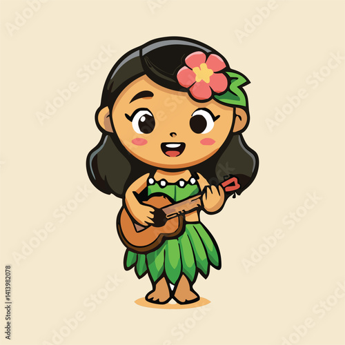 Cute Cartoon Hawaiian Hula Girl Playing Ukulele Illustration Art