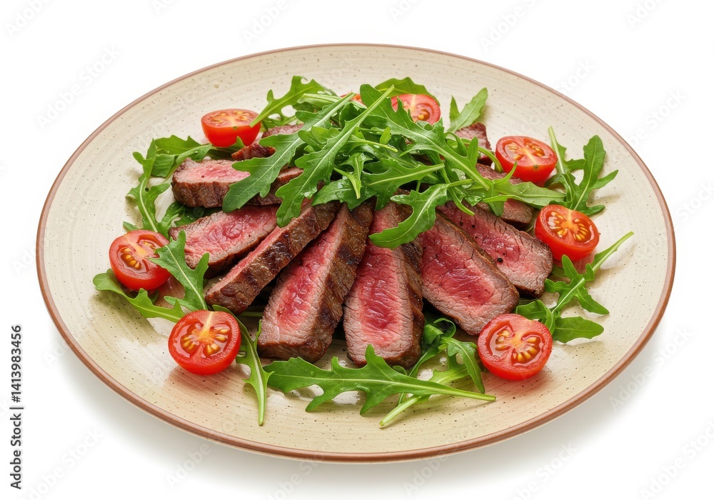 Sliced steak with arugula and cherry tomatoes on a plate against a white background in a studio shot Sliced steak with arugula and cherry tomatoes on a plate against a white background in a studio shot