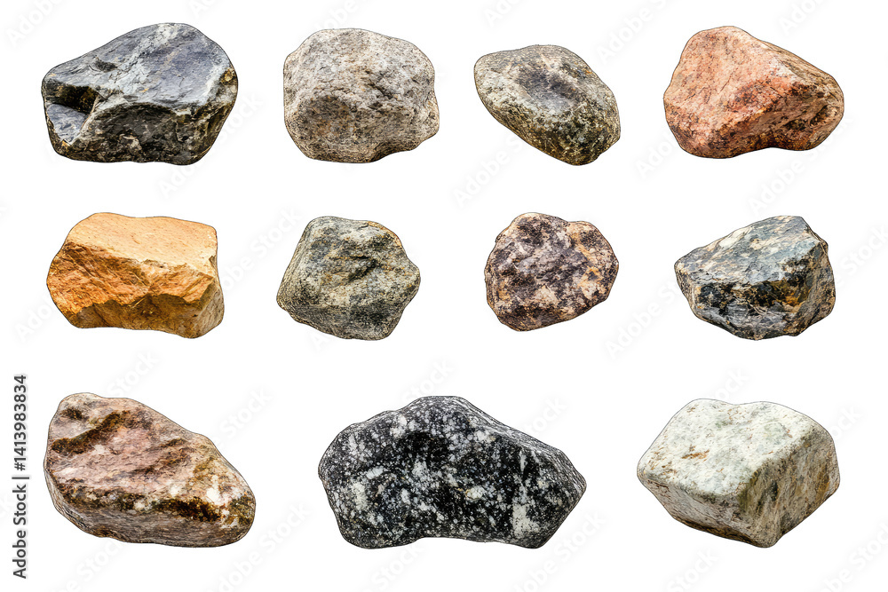 various rocks displayed on a white background showcasing different textures colors and shapes for educational or decorative purposes