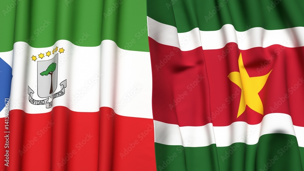 Fototapeta premium Flags of EQUATORIAL GUINEA and SURINAME with realistic cloth texture
