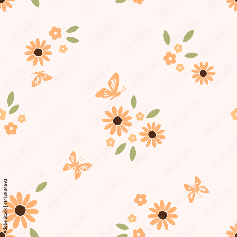 Obraz premium Seamless pattern with cute wild flower, green leaves and butterfly cartoons on pale orange color background vector.