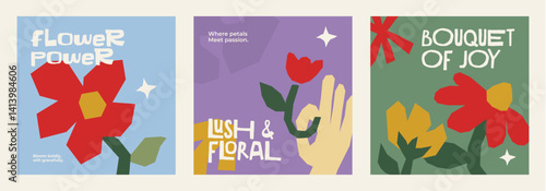 Bring color and positivity into your space with this set of inspiring floral posters. Featuring bold hand-drawn flower illustrations combined with playful, uplifting typography